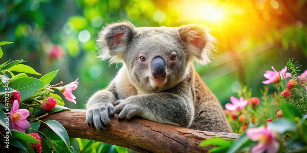 Fototapeta premium A koala bear resting on a branch with its fur glistening in the morning sun, surrounded by lush green leaves and vibrant flowers