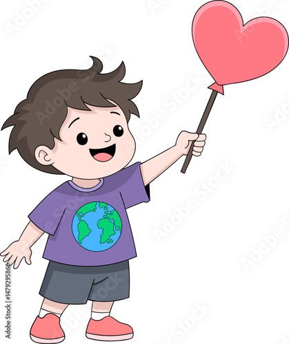 Peaceful Message Boy Holding Heart Shaped Balloon Stopping War for World Peace