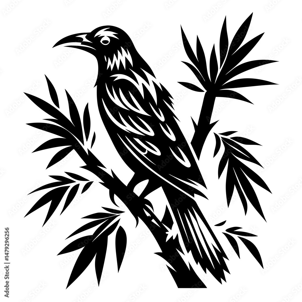 Naklejka premium Stylized Black Crow Perched on a Branch with Leaves in Silhouette