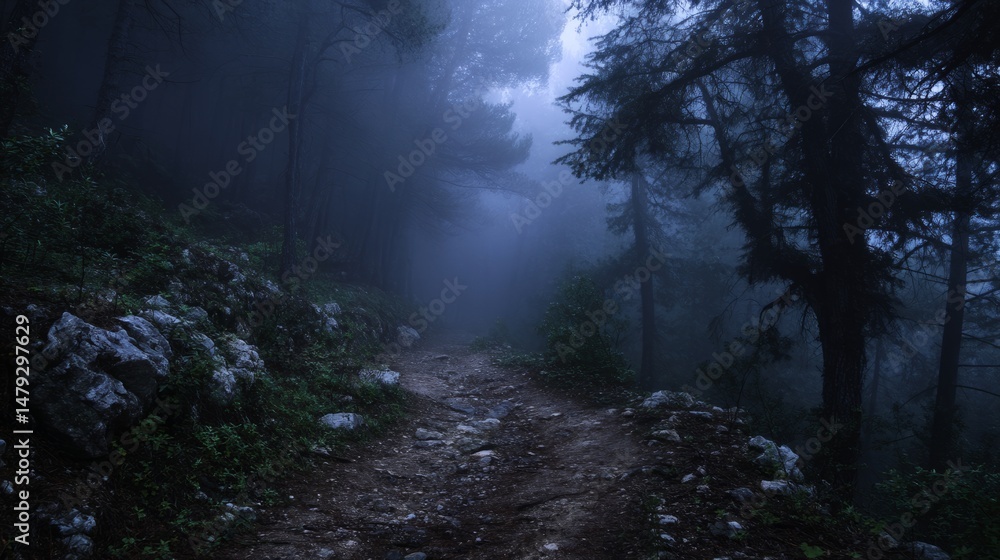 Obraz premium A dark forest path shrouded in mist, where mystery lingers in the soft light. 