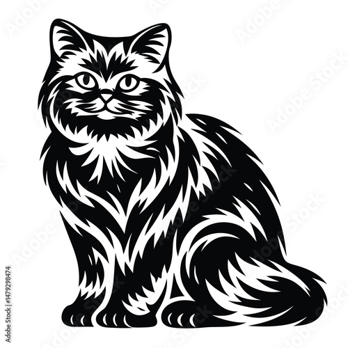 Stylized Silhouette of a Long Haired Cat Sitting Gracefully and Proudly