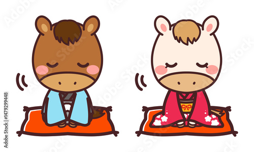 Wallpaper Mural 着物を着た馬のかわいいキャラクター　男女　お辞儀　イラスト素材 Torontodigital.ca