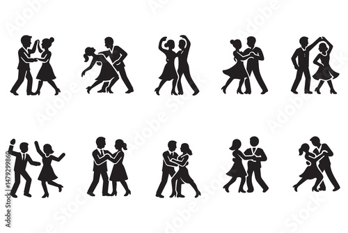 Silhouette dance moves dynamic couple dancing poses set