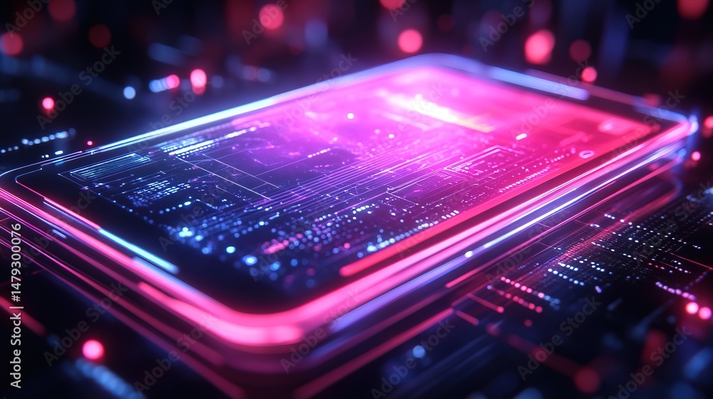 Obraz premium A neon-lit tablet with an interactive floating holographic display 