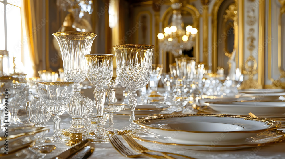 Elegant Crystal Glassware on Golden Table Setting