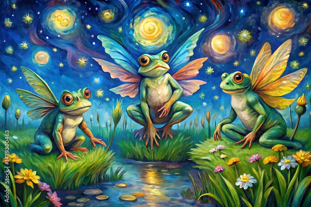 Fototapeta premium Three frogs with wings are sitting in a field. Graphic, vector, illustration, art, design, clipart, cartoon, watercolor, mockup, abstract, digital, stock, images, AI