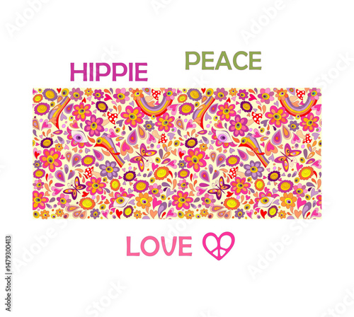 Psychedelic seamless fashion wallpaper with colorful flower-power, eyes, hearts, butterflies, fly agaric, droplets and rainbow