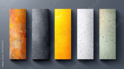 Five Vertical Rectangles Showcasing Diverse Textures Rust Metal Grey Yellow White Green speckled backgrounds