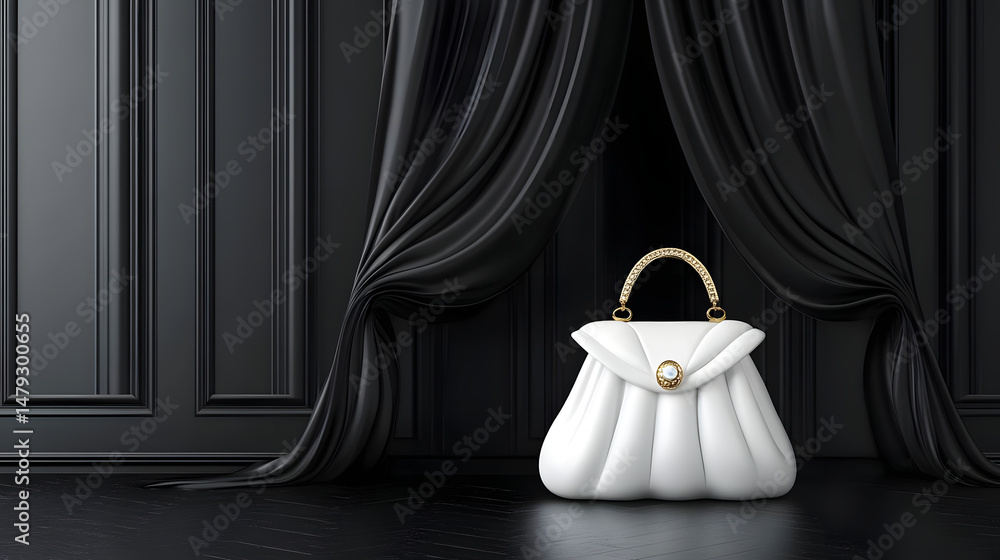 Elegant White Handbag, Black Drape