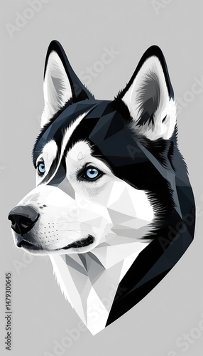  Siberian Husky in perfect profile. Simplified geometric shapes form the distinctive features: pointed triangular ears, almond-shaped blue eyes and pointed muzzle