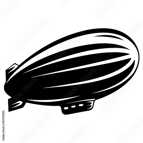 Monochrome illustration of a stylized zeppelin airship in flight across a white background