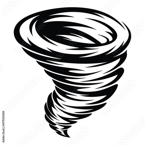 Stylized black and white tornado illustration, showing a vortex of abstract energy