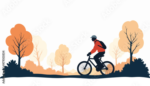 Elderly man cycling through autumn trees on bike trail, active lifestyle