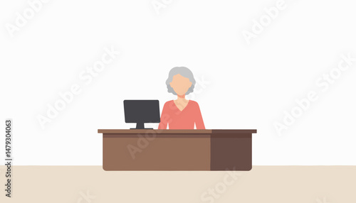 Elderly woman behind register, minimalist vector illustration
