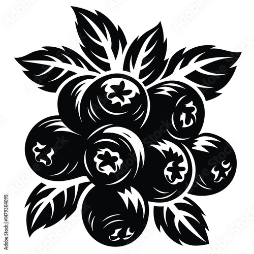 Stylized silhouette of a cluster of blueberries with leaves in black and white