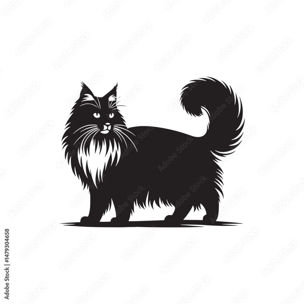 Obraz premium Norwegian Forest Cat Vector Silhouette: Majestic, Long-Haired Feline with Thick Coat and Bushy Tail, Captured in a Sleek, Minimalist Outline for Artistic, Modern Designs. 