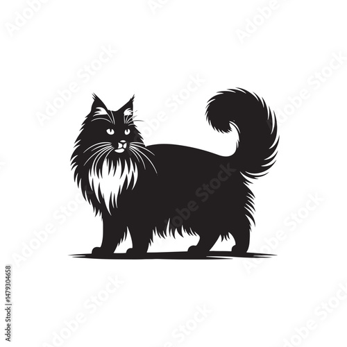 Norwegian Forest Cat Vector Silhouette: Majestic, Long-Haired Feline with Thick Coat and Bushy Tail, Captured in a Sleek, Minimalist Outline for Artistic, Modern Designs.
