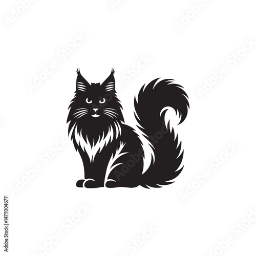 Norwegian Forest Cat Vector Silhouette: Majestic, Long-Haired Feline with Thick Coat and Bushy Tail, Captured in a Sleek, Minimalist Outline for Artistic, Modern Designs.

