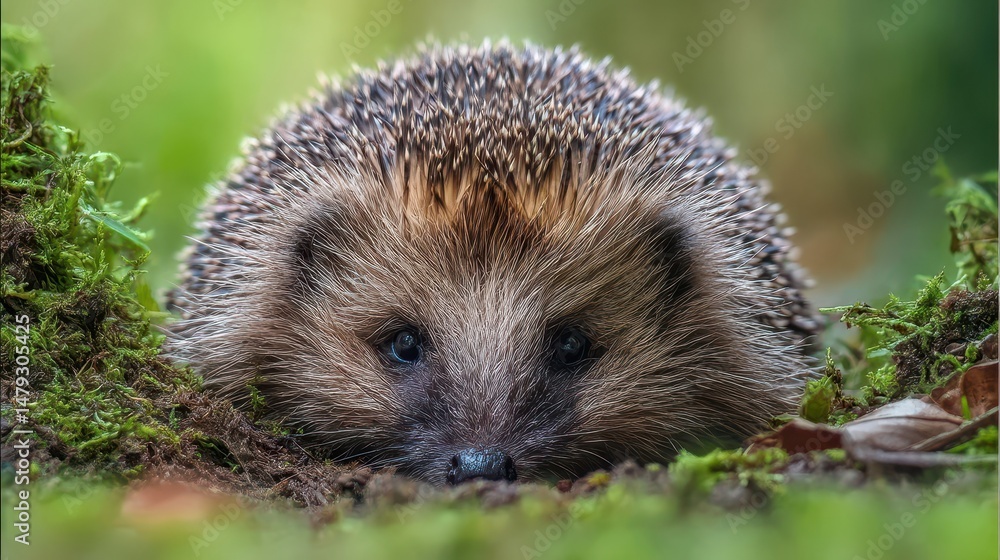 Fototapeta premium Close-up view of a hedgehog nestled in mossy ground.