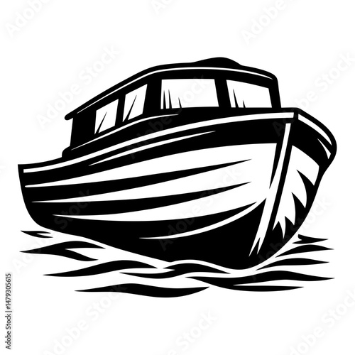 Monochrome illustration of a motorboat sailing on calm water in vector format