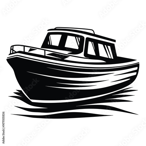 Monochrome illustration of a powerful motorboat gliding swiftly on the water surface