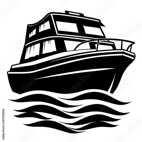 Bold Black and White Vector Graphic of a Motorboat on Water Waves