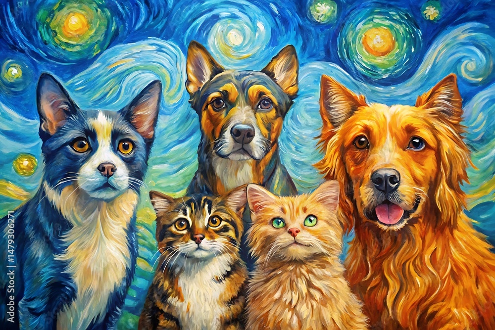 Painting of five dogs and cats in front of a starry sky. Graphic, vector, illustration, art, design, clipart, cartoon, watercolor, mockup, abstract, digital, stock, images, AI Painting of five dogs and cats in front of a starry sky. Graphic, vector, illustration, art, design, clipart, cartoon, watercolor, mockup, abstract, digital, stock, images, AI