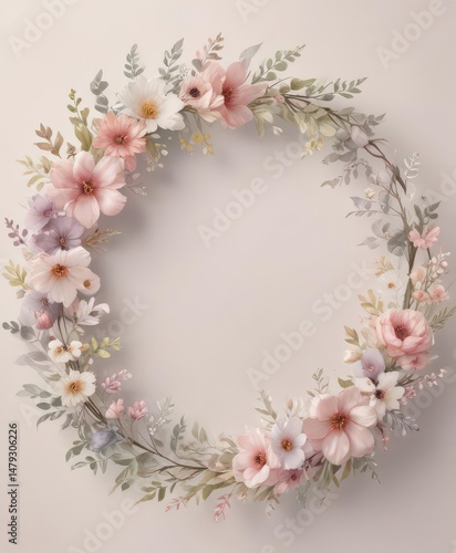 Delicate watercolor floral wreath, soft petal patterns  ,  watercolor, red, summer