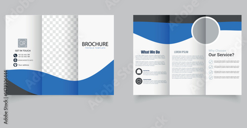 Tri fold wave brochure layout. Blue and white flyer. For design and print, flyer for a real estate agency.