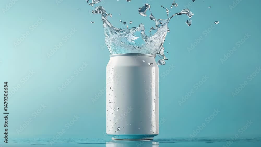 video of a white soda can with a water splash, floating in the air against a blue background video of a white soda can with a water splash, floating in the air against a blue background