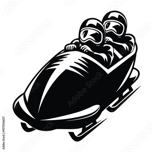 Two Bobsleigh Athletes Speeding Down the Track in Black and White Illustration