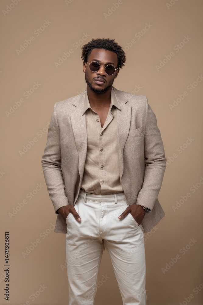 Obraz premium Stylish Man in Beige Linen Suit: A Relaxed Fashion Portrait