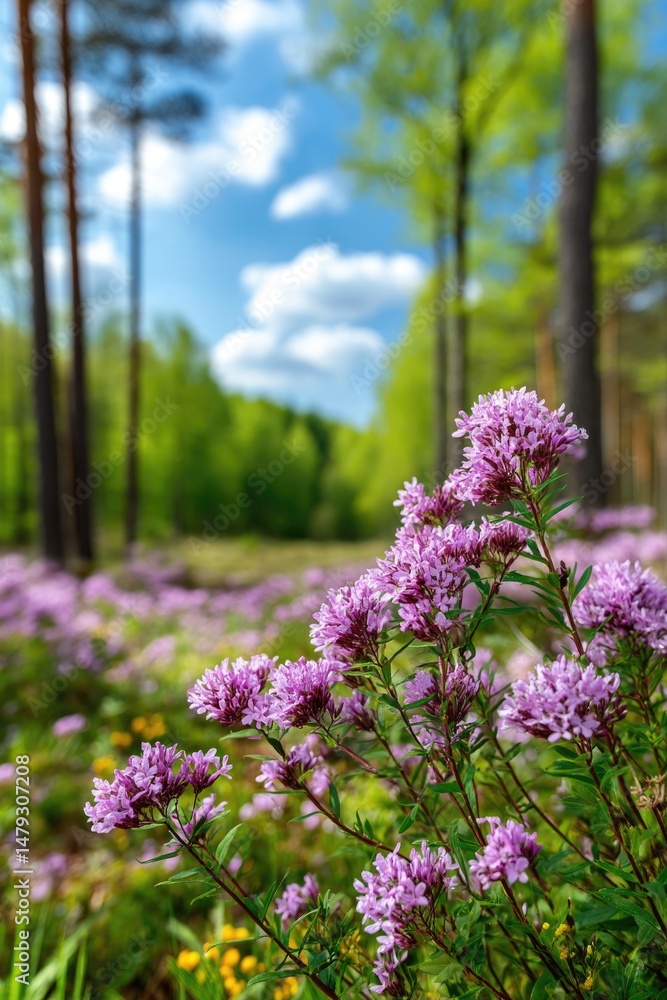 Obraz premium A blurred spring background, with a blooming glade covered in delicate wildflowers