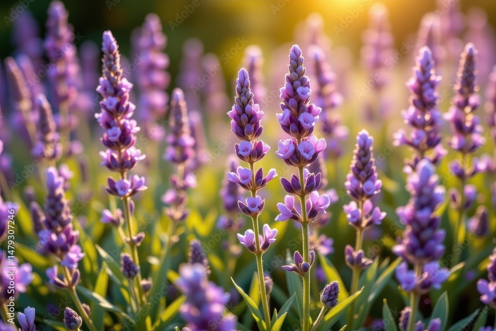 Obraz premium photorealistic rendering of lavender flowers with soft sunlight filtering through, warm tones