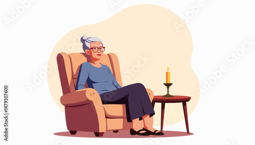 Elderly woman reflecting calmly in cozy armchair, inner peace