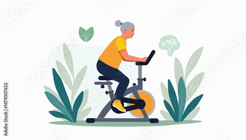 Elderly woman exercising on stationary bike, promoting wellness