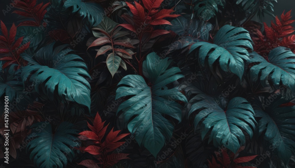 Intricate dark jungle leaves, vibrant emerald, deep teal, crimson accents , dark, crimson Intricate dark jungle leaves, vibrant emerald, deep teal, crimson accents , dark, crimson