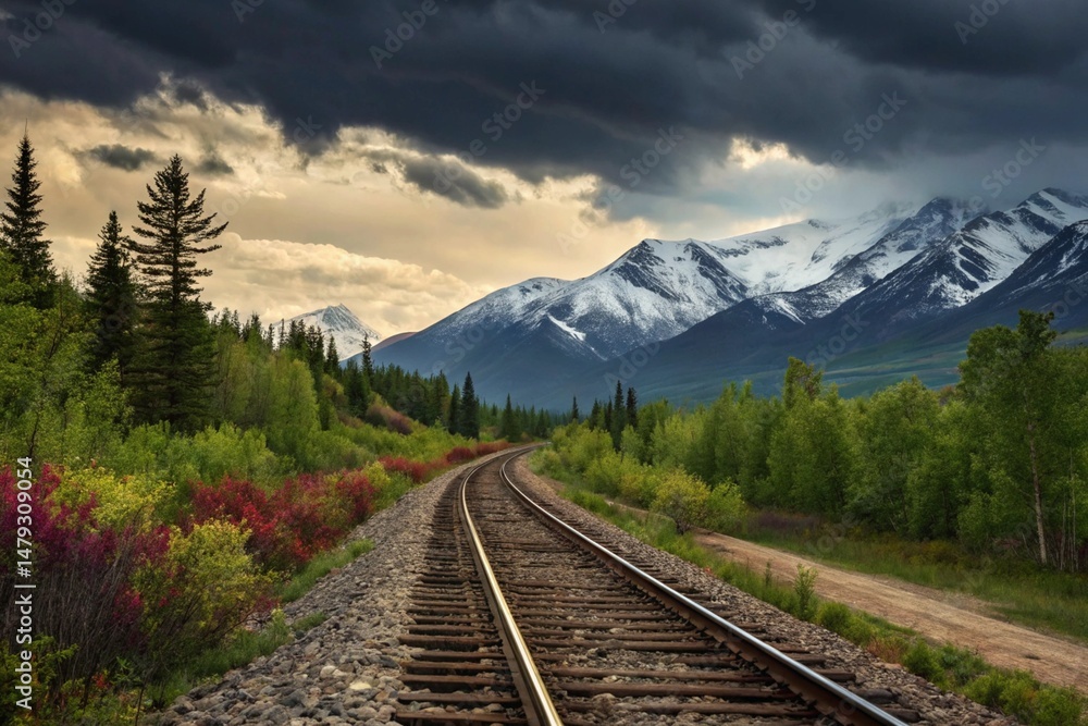 Fototapeta premium Scenic railway tracks winding through lush green forest towards majestic snow capped mountains