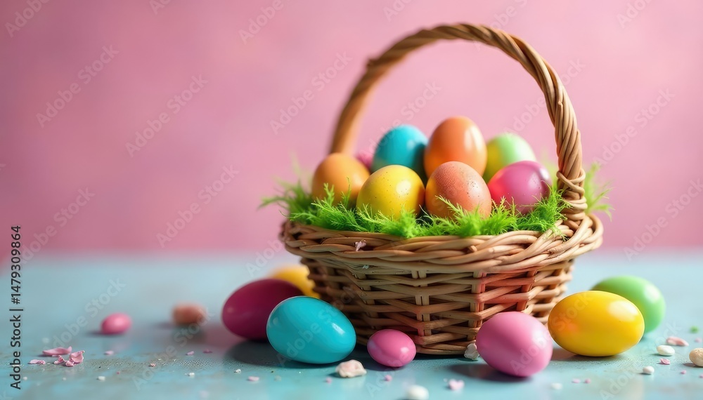 Naklejka premium Colorful jelly beans and chocolate eggs nestled in a spring-themed basket Perfect for Easter or April Fool's Day , spring sweets, pastel
