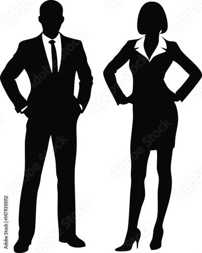 Black and white silhouette of business people, business man and woman silhouette illustration