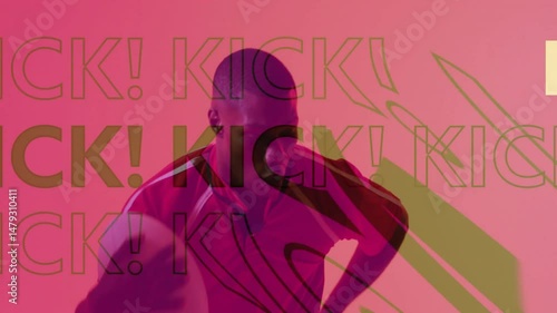man posing in studio for sports marketing, showing animated KICK text overlays and stripe graphics