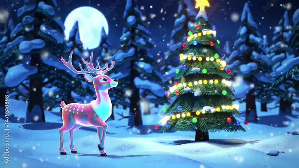 Festive reindeer in snowy forest with decorated christmas tree under moonlit sky. concept of holiday spirit, winter wonderland, magical night, seasonal joy Festive reindeer in snowy forest with decorated christmas tree under moonlit sky. concept of holiday spirit, winter wonderland, magical night, seasonal joy