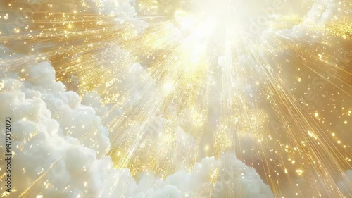 Golden light rays burst through heavenly clouds, creating a divine, ethereal scene.