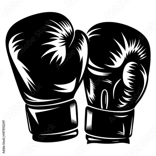 Powerful black and white illustration featuring a pair of boxing gloves