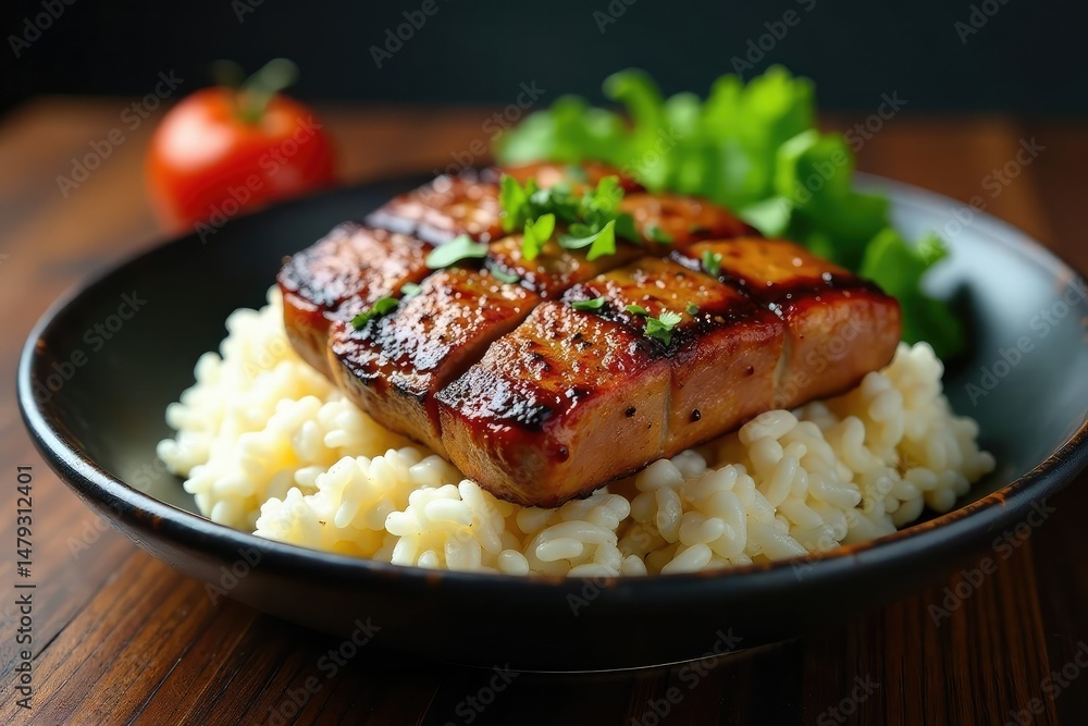 Grilled meat atop fluffy rice, smoky char marks , savoury, dinner, grilled Grilled meat atop fluffy rice, smoky char marks , savoury, dinner, grilled