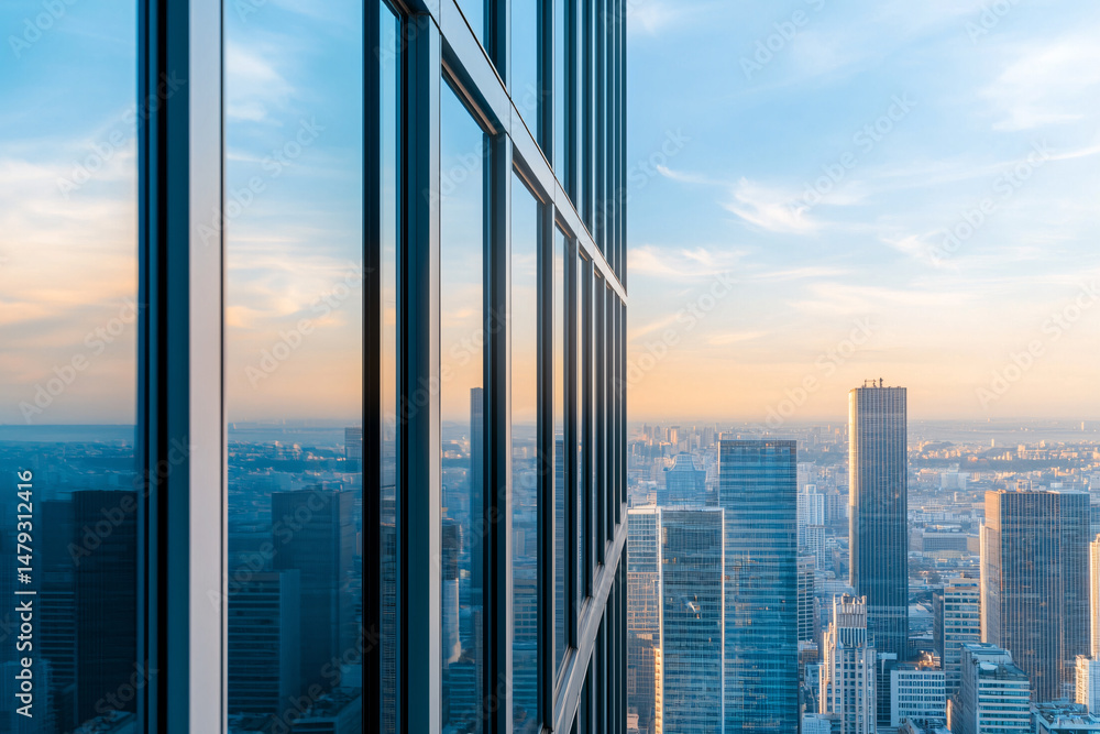 Glass skyscraper reflects city skyline at sunset in a modern architectural urban landscape. Glass skyscraper reflects city skyline at sunset in a modern architectural urban landscape.