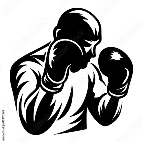 Silhouette of a boxer with gloves poised in a defensive stance ready