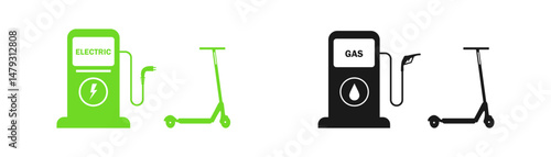 Electric scooter at gas station. Charging scooter at charging station. Eco-motorcycle. Vector illustration of ecological transport concept