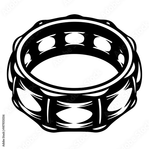 A stylized black and white tambourine, a percussion instrument with jingling discs