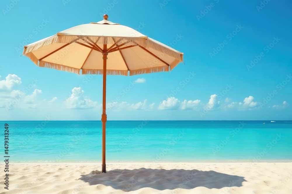 Large beige beach umbrella open on sandy beach, tropical, clouds, stability Large beige beach umbrella open on sandy beach, tropical, clouds, stability